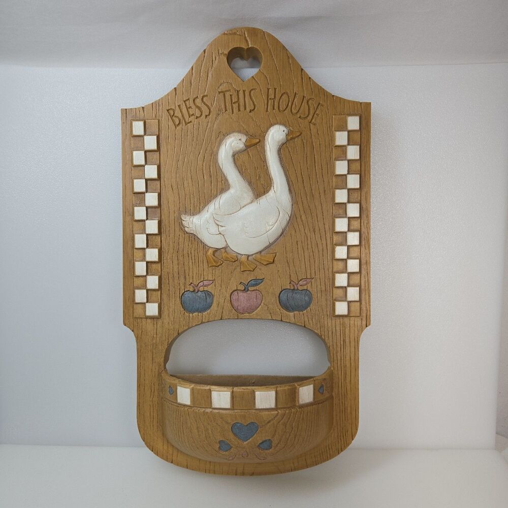 VTG Burwood Bless This House Goose Wall Pocket Faux Flower Holder Cottagecore